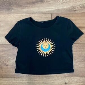 Black Baby T Sun Moon design, comfy size Medium